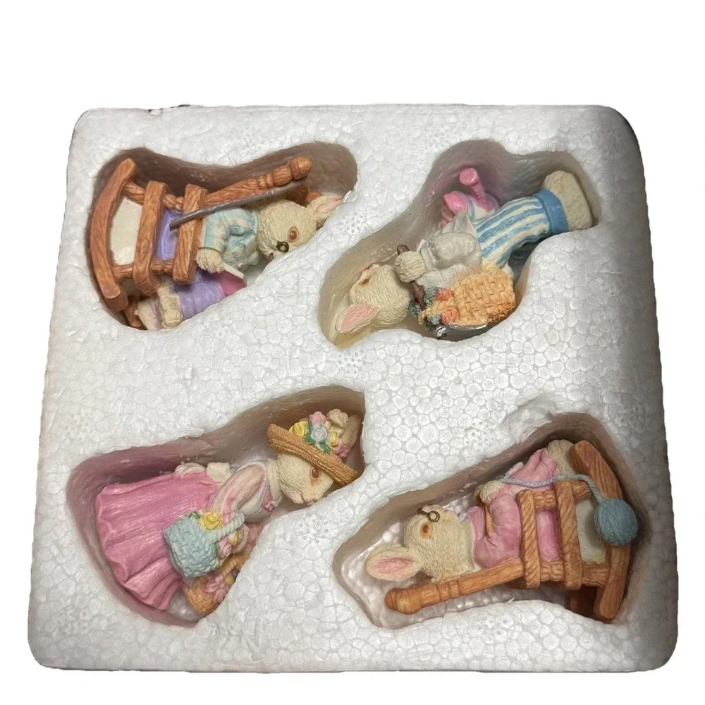 Vintage Easter Village Set 7Pc Bunny & Lighted Tree House Light Works